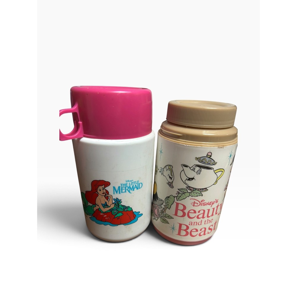 Vintage Disney Thermos Bottle Lot Little Mermaid Ariel Beauty and the Beast Set